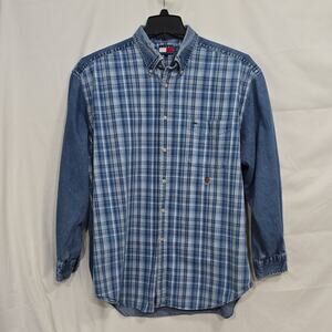VTG Tommy Hilfiger Men's L Blue White Plaid Denim Cotton Button-Down Long Sleeve